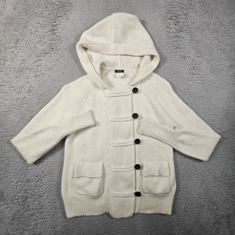 J Crew Hooded Cardigan Womens M Ivory Merino Alpaca Blend Preppy Academia Read!!
